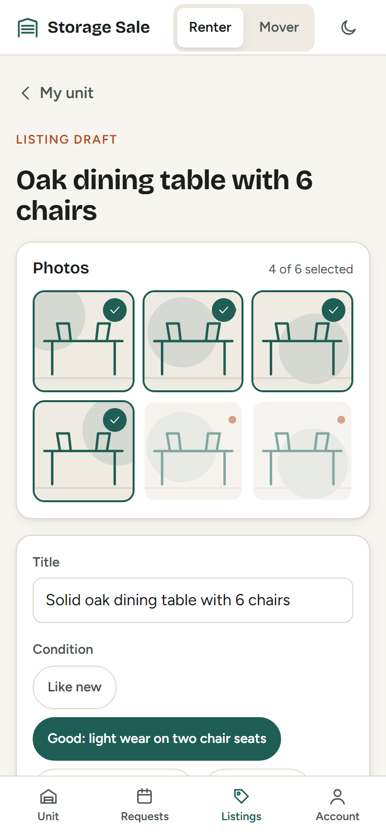 Listing draft screen