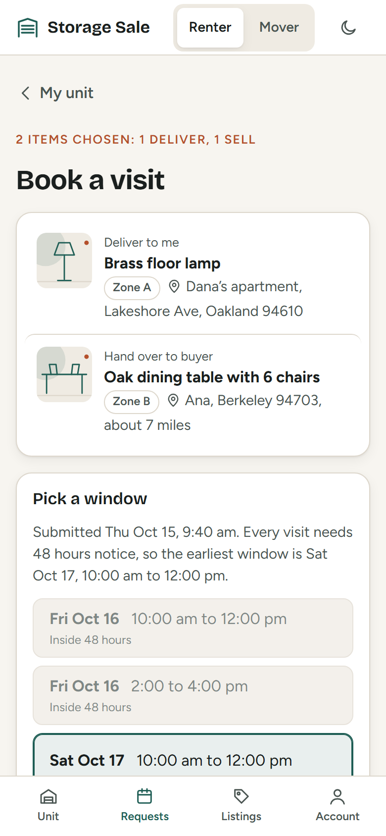 Book a visit screen